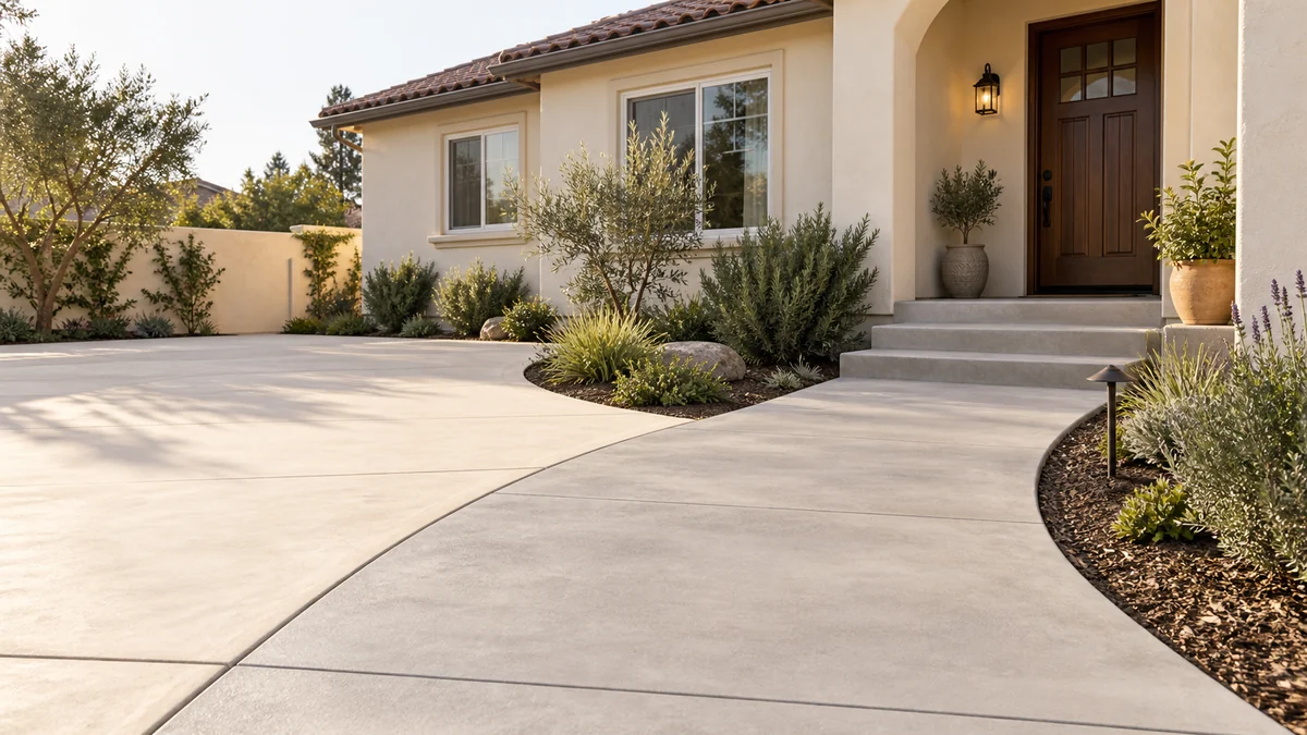 Concrete walkway and steps leading to a residential entry