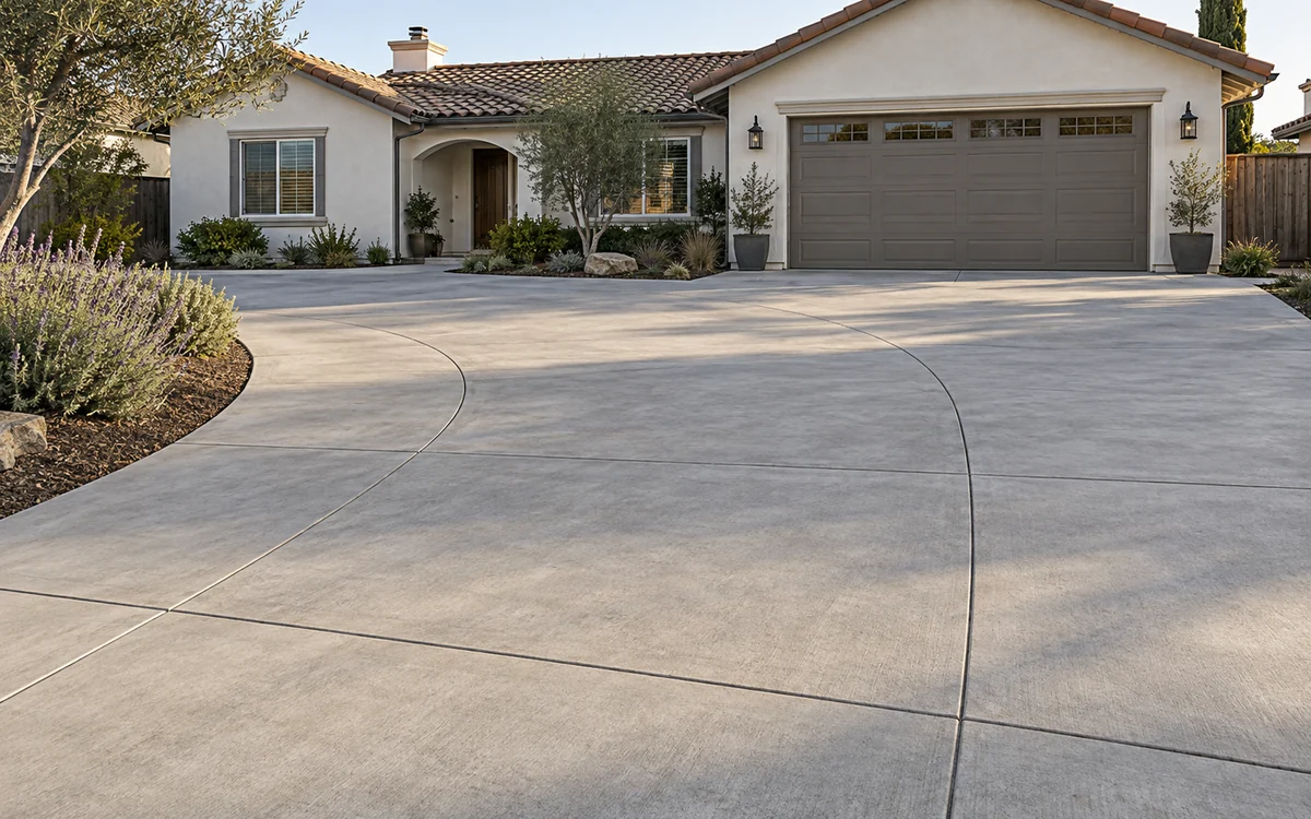 Concrete driveway outside a cream home