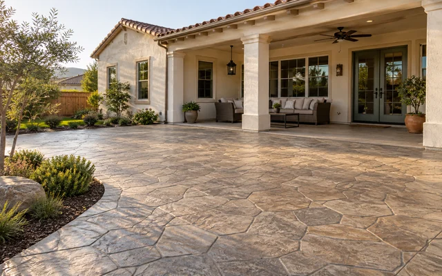 Stamped-concrete patio beside a cream house with a covered porch