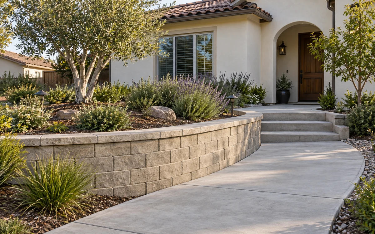 Curved retaining wall beside a concrete walkway
